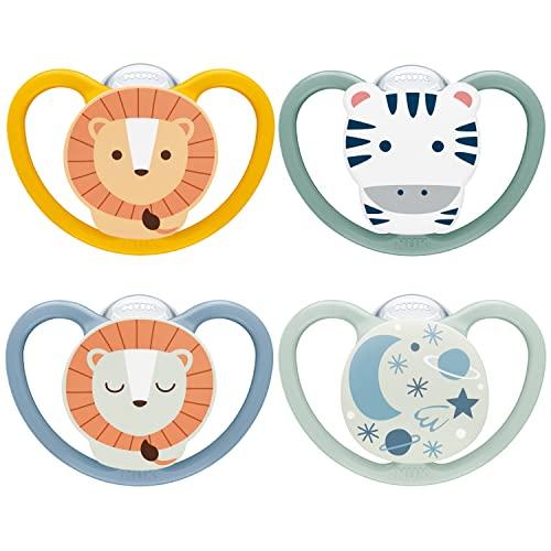 NUK Space Day & Night ciuccio | 18-36 mesi | Succhietti che si illuminano al buio con ventilazione extra per pelli delicate | Silicone senza BPA | Zebra & Leone | 4 pezzi