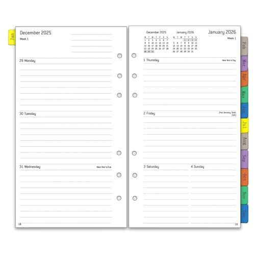 Ricambio Agenda Organizer 2026 Settimanale con Divisori Mensili, Pagine per Password Nota Contatto, Personale Formato 9,5 x 17.1cm, 6 Fori, Da Gennaio a Dicembre 2026, Carta Spessa 100gr