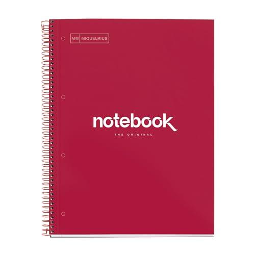 Miquelrius - Quaderno A4, Notebook Emotions, 80 Fogli da 90 g/m², Griglia 5 mm, 1 Striscia Colorata, Spirale Microforata, Taccuino a Scacchi, Copertina Extra Rigida, 4 Fori, Rosso