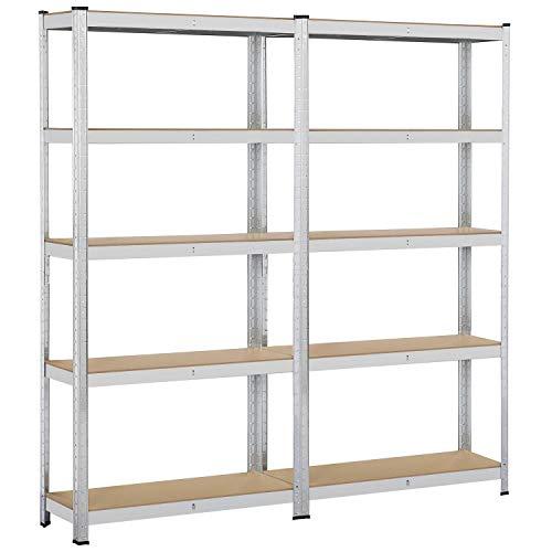 Yaheetech Scaffale x 2 Scaffalature per Garage 180x90x30 cm 175 KG Magazzino a 5 Ripiani Regolabili Alta Portata in Metallo Senza Bullone con Legno MDF per Ripiano Argento