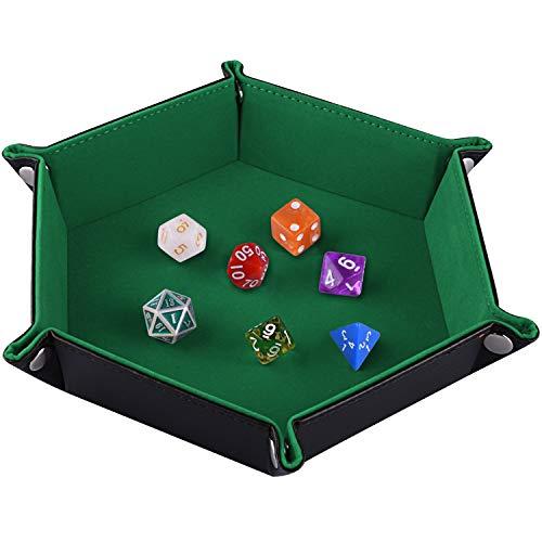 SIQUK Tavola per Dadi, Cuoio Esagonale Pieghevole in PU e Dado in Velluto Verde Scuro Supporto per Dungeons And Dragons Gioco D & D Rpg Dadi e Altri Giochi da Tavolo