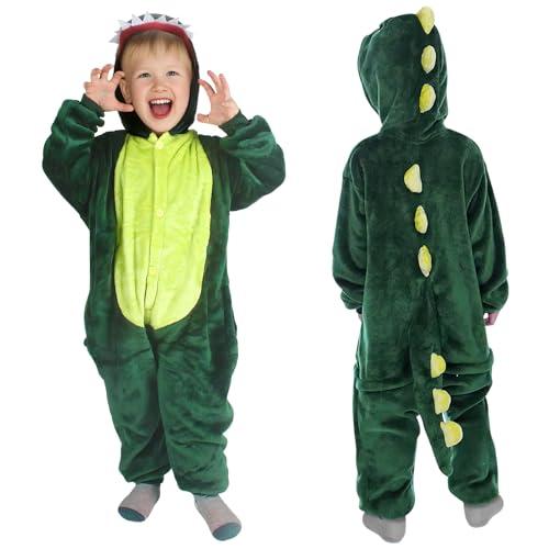 AYBUY Costume da Dinosauro per Bambino con Cappuccio, Dinosauro con Tuta, Costume Dinosauro Verde per Unisex, per Bambini Cosplay Halloween Party Natale, 100CM