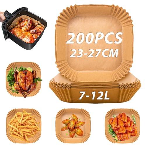 Sungoup Carta Forno per Friggitrice Ad Aria 23-27cm,200 Pezzi Antiaderente Impermeabile Antiolio Carta per Friggitrice Ad Aria,Fogli Friggitrice Ad Aria per 7-12L Air Fryer,Compatibile con COSORI