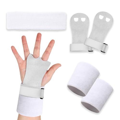 SSKHE 5 Pezzi Set di Grip da Ginnastica Bianchi con Polsini Assorbenti, Protezione del Palmo e Supporto al Polso per Ragazze, Bambini e Giovani, Accessori per Attività Sportive e Allenamento