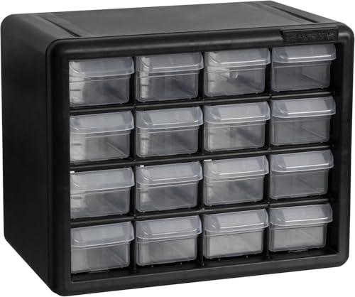 Akro-Mils 10116 16-Drawer Plastic Drawer Storage Cabinet for Garage Organization, Teacher Toolbox, Makeup Organizer, and More, 26,7 cm W x 16 cm D x 21,6 cm H, Black