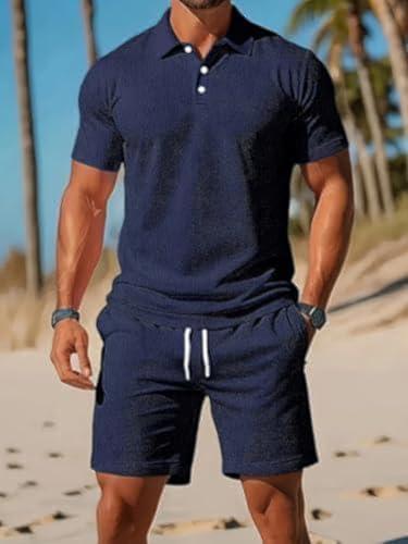 Set polo e pantaloncini da uomo, a maniche corte, casual, abbigliamento sportivo per vacanze, picnic o riunioni casual, Blu scuro, XX-Large