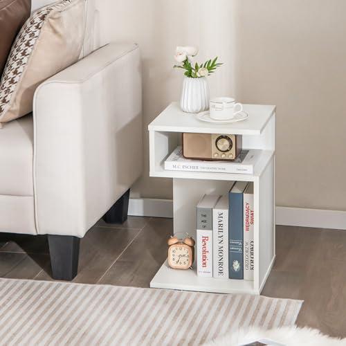 COSTWAY Tavolino Laterale da Salotto a Forma di S per Piccoli Spazi, Tavolino per Divano con 2 Scomparti Aperti, Comodino Moderno per Soggiorno, Camera da Letto e Studio, Bianco