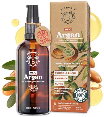 Bionoble Olio di Argan Biologico 100ml - 100% Puro, Naturale e Pressato a Freddo - Viso, Corpo, Capelli, Barba, Unghie - Vegan, Cruelty Free - Argan Oil - Bottiglia di Vetro + Pipetta + Pompa