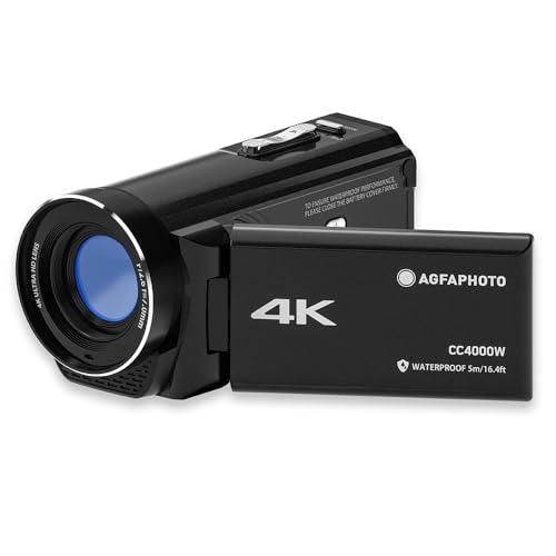 Agfa Photo Realimove CC4000W - Videocamera Impermeabile 4K con Schermo Touch 3.0'', Zoom Digitale 18x, Video 2.7K, Foto 24MP, LED, Batteria al Litio - Nero