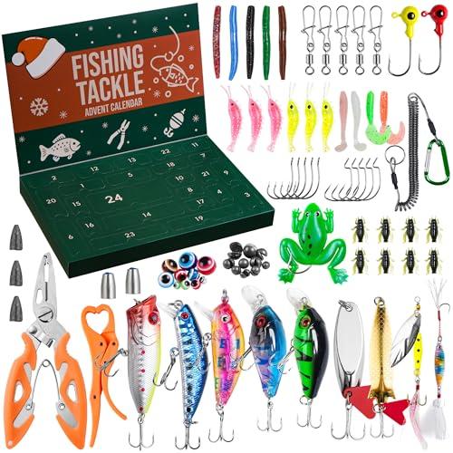 Calendario dell'Avvento 2025 per Uomo Adulto - 77 Pezzi da Pesca con Esche e Attrezzi (Pinze, Presa per Labbra) - Regalo per Pescatore, Papà, Marito e Ragazzi Adolescenti