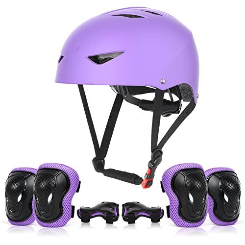 ValueTalks Set di Casco Protezione Bambini con Casco Regolabile Ginocchiere Gomitiere e Polsiere per Skate Bicicletta Pattinaggio Monopattino e Altri Sport Estermi(6-16 Anni (Viola)
