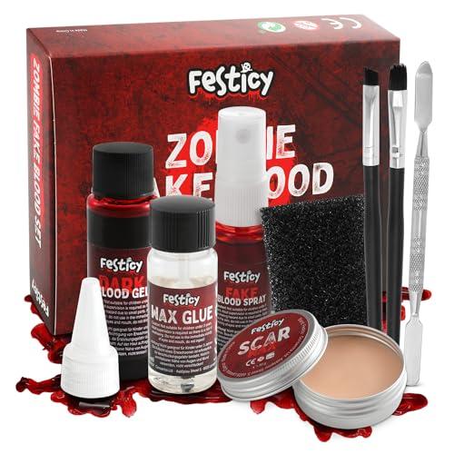 Festicy Sangue Finto Set I Fake Blood Halloween I 25ml Sangue Finto Lavabile, Cera per cicatrici, Sangue Gel I Zombie, Vampiro, Trucchi Halloween Bambini Decorazioni Halloween Costume
