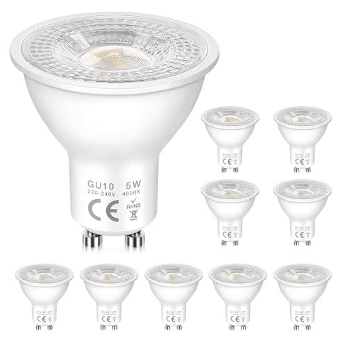 Lampadine GU10 LED Spot, 5W (Equivalenti a 50W Alogena), Luce Bianco Naturale 4000K, 500 Lumen, 120° Angolo del Fascio, Basso Consumo, per Luci da Binario, Luci Incassate, Non Dimmerabile, 10 Pezzi