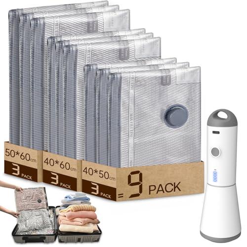 Vacbird Sacchetti Sottovuoto Vestiti con Pompa Sottovuoto Senza Fili, 9 Pezzi (3 * 40x50cm, 3 * 40x60cm, 3 * 50x60cm), Riutilizzabile Buste Sottovuoto Vestiti da Viaggio per Maglioni, Camicia, Viaggi