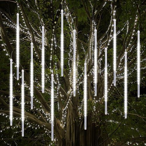 Vikdio Luci di Natale all'aperto, Pioggia di Meteoriti Luminosi 16 Tubi Spiralati (50cm 864 LEDs) Lunghezza di 5,25m, Luci ghiacciolo impermeabili per Decorazioni natalizie all'aperto, Bianco