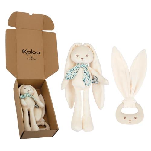 Kaloo - Set regalo per bebè - 2 pezzi : Peluche coniglio 25 cm + anello per dentizione in silicone - Lapinoo - Crema - Dalla nascita - K390041