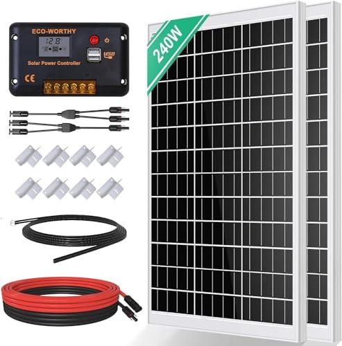 ECO-WORTHY 240W Kit Pannello Solaire Sistemi Off-Grid: 2 * 120 Pannello Fotovoltaico Monocristallini + 30A LCD Regolatore di Carica+ 5M Cavo solare per Camper,Campeggio,Famiglia