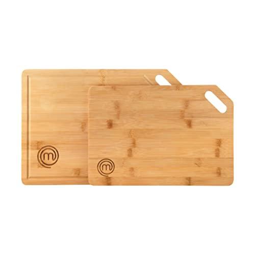 MasterChef Set Taglieri Cucina, Tagliere Grande e Medio, Taglia per Aperitivo, Carne, Pane, con Foro per Poterlo Appendere, Bamboo, 38,5cmx27,5cm (con Scanalatura del Succo) /34cmx23,5cm