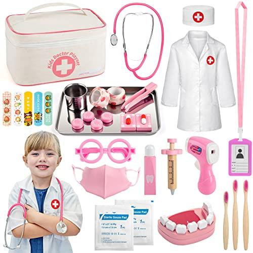 Sundaymot Valigetta Dottore Bambini, Kit Medico Giocattolo da 32 Pezzi con Stetoscopio, Camice, Gioco Dottore Bambino, 3-8 anni kit Dottoressa Bambina