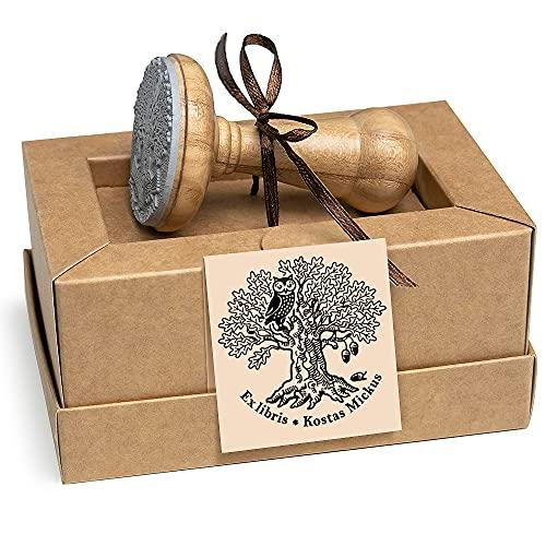 Ex libris Timbro Uccello Gufo Albero Quercia, Timbri in Legno Rotondo 40mm, Scatole Regalo Unici