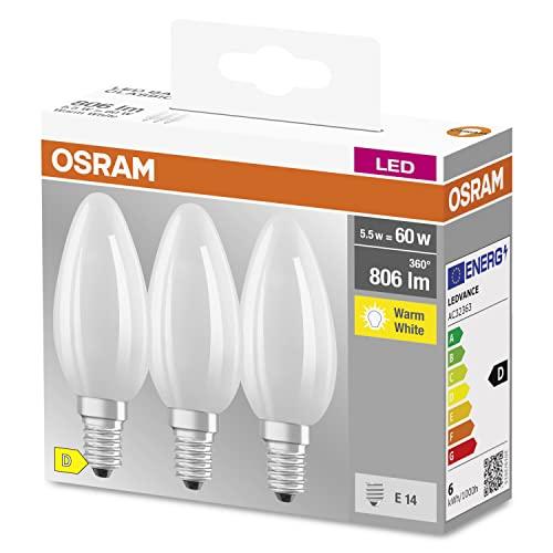 OSRAM LED-Lampe, a Candela, E14, 5.5 Watt, Bianco, Bianco Caldo, 2700 Kelvin, 3-Pack