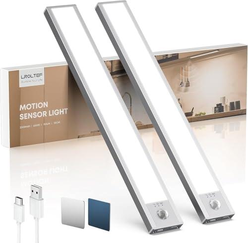 LROLTEF Luce LED Sottopensile Cucina - 30CM Sensore di Movimento per Luci - 2200mAh 52 LED Luce Armadio Lampada Dimmerabile per Cucina Scale Soggiorno Bagno Camere da Letto | 2 Pezzi Argento