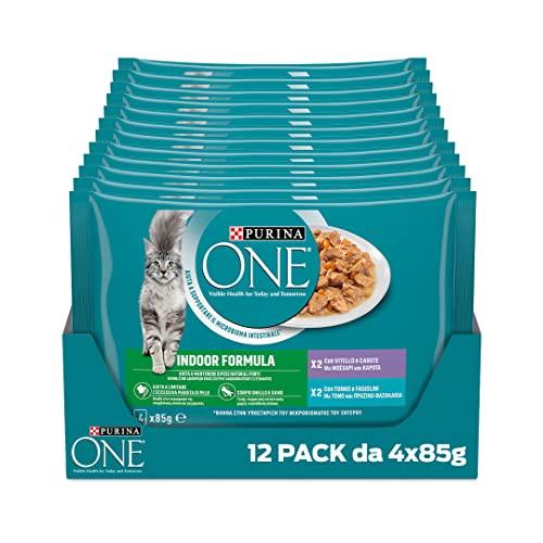 PURINA ONE Indoor Formula Cibo Umido per Gatti Adulti Filettini in salsa con Vitello, Tonno e Verdure 48 Buste da 85g