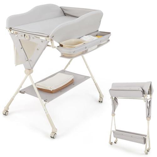 COSTWAY Fasciatoio Pieghevole Neonato, Fasciatoio Portatile con Altezza Regolabile a 3 Livelli, con Bacino, Cestino Portaoggetti e Cintura di Sicurezza, 4 Ruote Bloccabili, Portata 11 kg (Grigio)