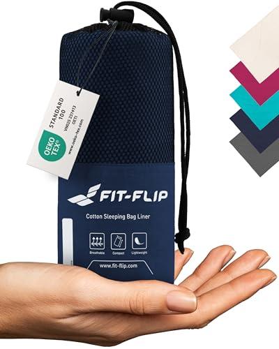 Fit-Flip Sacco Lenzuolo da Viaggio - 100% Cotone - Sacco a pelo da 325 g con scomparto per cuscino - Sacco Letto singolo ultraleggero e compatto - Sacco a Pelo leggero Estivo (Colore: Blu Marino)