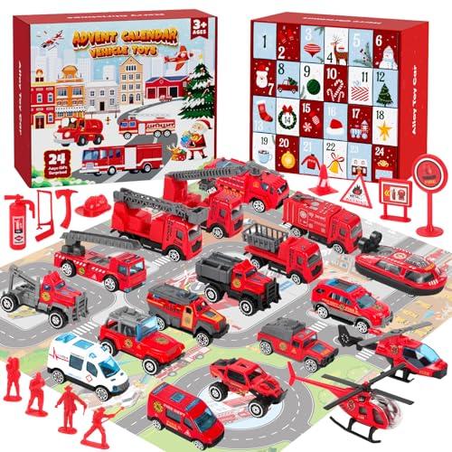Calendario Avvento 2025 Bambino,Macchinine Calendario dell'avvento Bambini,Calendario Avvento Cars Camion dei Pompieri 3-12 Anni,Calendario per il Conto alla Rovescia di 24 Giorni,Natale Regalo Giochi