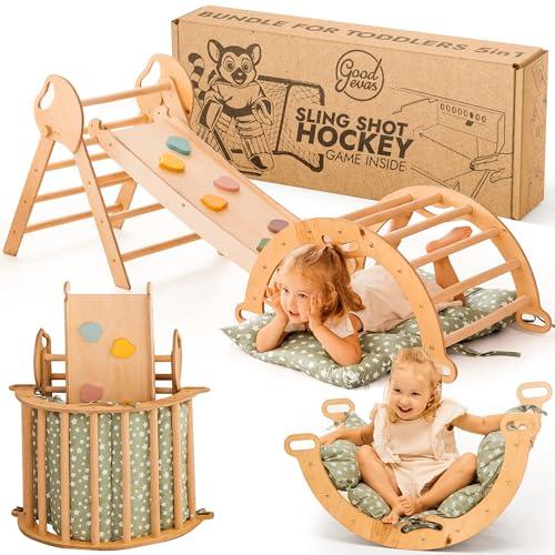 Goodevas 5-in-1 Telaio da Arrampicata per Bambini - Scala a Triangolo, Arco per Arrampicata, Balance Board e Cuscino, Telaio da Arrampicata Montessori, Palestra in Legno per Bambini da 1 a 3 Anni