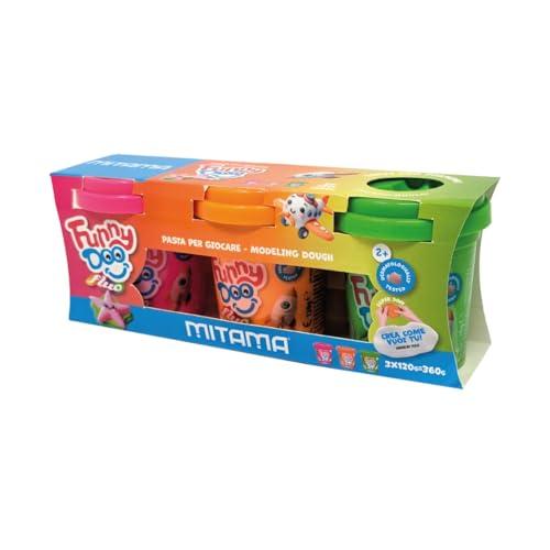 Mitama Tris 3 Barattolini Funny Doo, Pasta da modellare, 3 pezzi, Arancio Rosa e Verde Fluo, da 2 anni in su, Gioco e Tempo Libero, Bambini