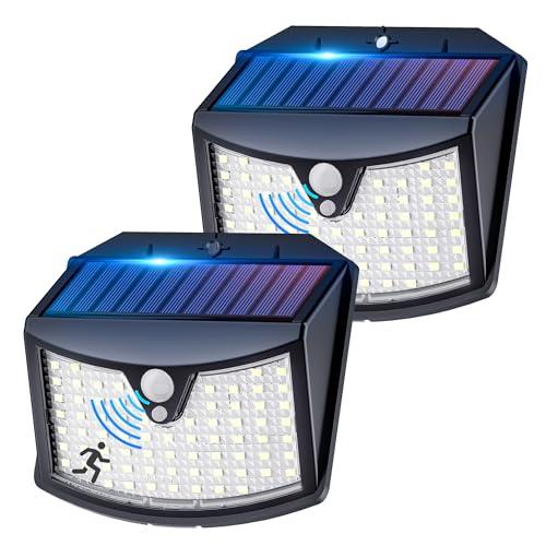 Luce Solare Led Esterno, 3 Modos IP65 Impermeabile Faretto LED da Esterno con Sensore di Movimento, Lampada Solare da Esterno per Giardino, Parete, Garage (2 Pezzi Bianco Freddo)