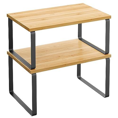 SONGMICS Scaffale Portaspezie, Set di 2 Organizzatori da Cucina Espandibili, Scaffale da Cucina Impilabile, Metallo e Legno Ingegnerizzato, Nero Inchiostro e Beige Naturale KCS02NB