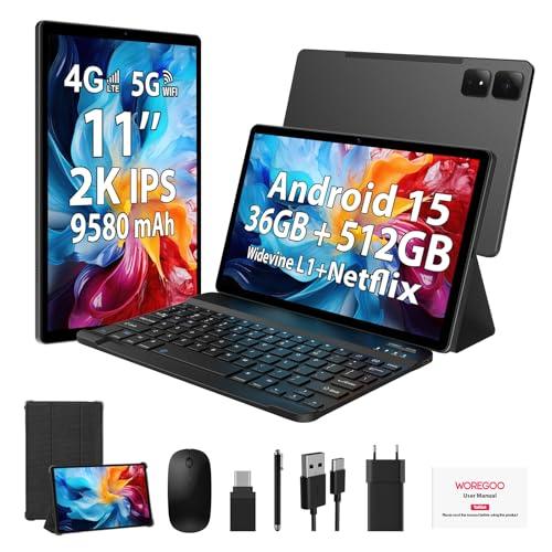 WOREGOO 11 Pollici Tablet Android 15, 4G LTE e 5G WiFi, Octa-Core, 36GB RAM+512GB ROM (1TB TF), 2K 2000x1200 FHD Display, Widevine L1, GMS/GPS/8+13MP/Batteria 9580mAh con Tastiera+Mouse(Nero)