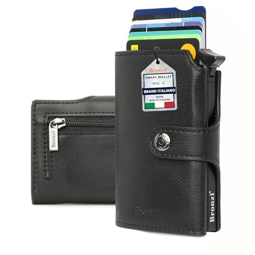 Bronzi® Portafoglio Uomo Slim Piccolo | Portacarte Uomo Donna Portatessere Porta Carte Di Credito | Portafogli Mini Protezione RFID con Portamonete | Box Regalo - Brand Italiano