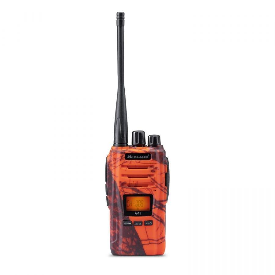Midland - Walkie Talkie G13 Blaze, Ricetrasmittenti Trekking e Outdoor, Finitura Moassy Oak Arancione, 99 Canali PMR446, Impermeabile IPX4, 12Km, VOX e RRM Channel, Batteria Li-Ion 2600mAh fino a 40H