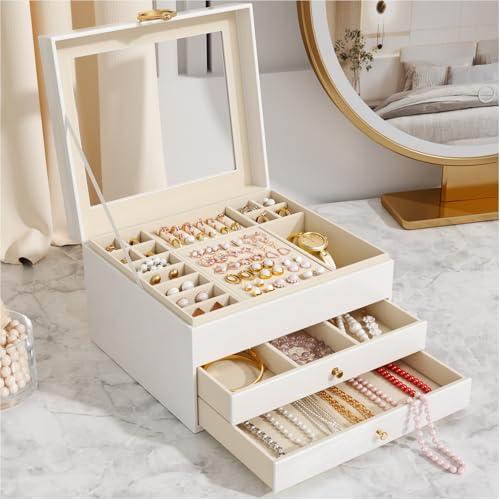 Grande Scatola Portagioie Donna 3 Livelli – Organizer Gioielli Elegante con 24 Scomparti – Custodia per Anelli, Collane e Bracciali con Coperchio Trasparente – Regalo Perfetto per Donna (Bianco)