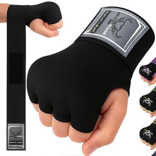 BEAST RAGE Guantoni da Boxe in Gel per Le Mani, 75 cm, Imbottiti, Elastici, per Allenamento, Muay Thai, Bende UFC per Uomo, Donna e Bambini (M (Adulto), Nero)