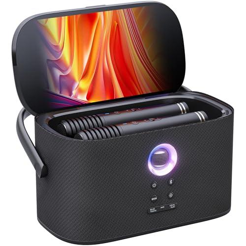 Macchina del Karaoke per Adulti, Schermo Integrato con Visualizzazione Testi, 2 Microfoni Wireless con Ricarica Automatica, App Karaoke, Casse da 140W, Connessione TV per Feste in Casa e all'Aperto