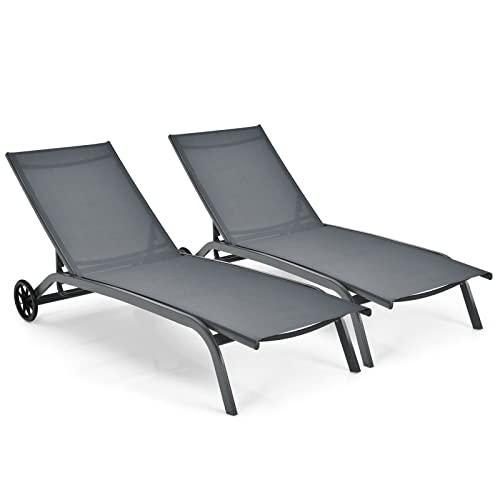 COSTWAY Lettino Prendisole con Ruote, Sdraio da Giardino Regolabile in 6 Posizioni, Struttura Metallica e Tessuto Traspirante, per Giardino, Piscina e Spiaggia, Portata 150 kg (2, Grigio)