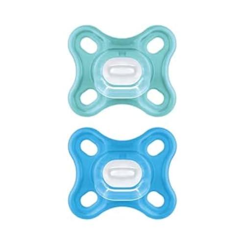 MAM Comfort Succhietto 0-3 mesi (Set da 2), Ciuccio MAM 0-3 mesi in 100% silicone con design unico, Kit da 2 accessori neonato morbidi e leggeri con porta ciuccio sterilizzatore, Azzurro