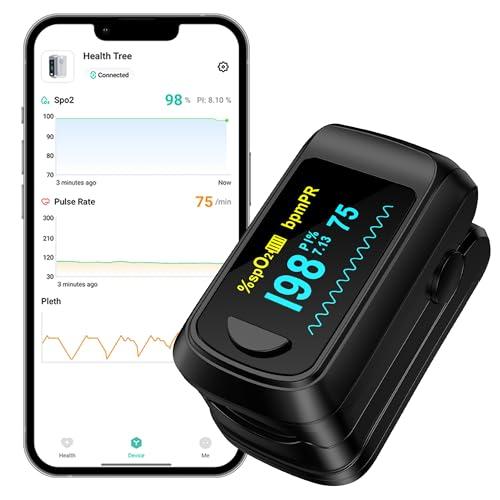 HealthTree Pulsossimetro da Dito, Monitor Bluetooth della Saturazione dell'Ossigeno nel Sangue, Monitor della Frequenza Cardiaca per Apple e Android, con Schermo OLED, 2 batterie AAA e Cordino