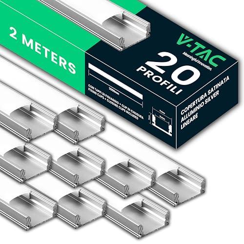 V-TAC 20x Profili per Strisce Led da 2 METRI Rettangolari in Alluminio - (40 Metri Totali) - Profili per Strisce LED Copertura Opaca - Ingombro max Striscia Led 12,4 mm - Dimensioni 17,4 x 7 mm
