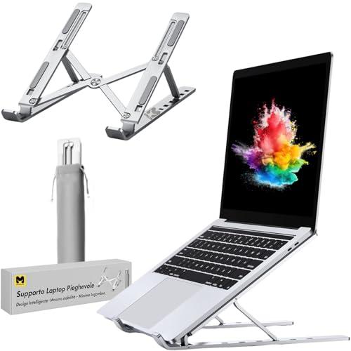 Supporto PC Portatile in Alluminio Argento – Laptop Stand Regolabile a 7 Livelli - Ergonomico e Antiscivolo - Design Ventilato Pieghevole e Leggero - Compatibile con Notebook - MacBook e Tablet 10-17