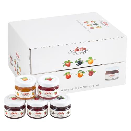Darbo, Confetture Naturrein Assortite, Confettura in Mini Vetro, Marmellate Monodose Miste per Colazione, Albicocca, Ciliege, Lamponi, Ribes Nero, Fragole, Formato Convenienza, 60 Confetture da 28 g