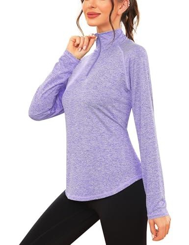 iClosam Maglia Trekking Donna Maniche Lunghe Maglia Tecnica Traspirante Maglietta Sportiva con Mezza Zip Maglietta Running Leggera Magliette Palestra Viola S