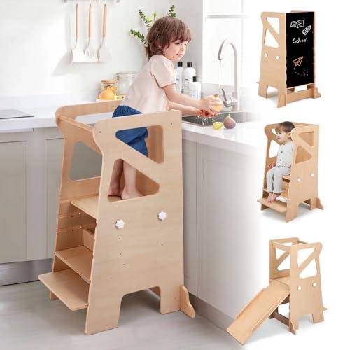 Labebe Torre di apprendimento per bambini, 4 in 1 regolabile learning tower in altezza con lavagna, Montessori con scivolo Torre, Multifunzionale Torre di apprendimento per bambini sgabello per cucina