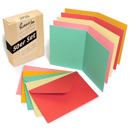 Japun - Set di 50 biglietti pieghevoli vuoti comprese buste, biglietti pieghevoli da progettare, etichettare o stampare - DIN A6 / C6 - mix dai colori vivaci