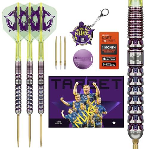 Target Darts Luke Littler Set di Freccette con Punta in Acciaio Campione del Mondo, Punta Svizzera, 90% Tungsteno, 23G | The Nuke 2025 Special Edition K-Flex, Portachiavi, Punte Svizzere SLK Ricambio